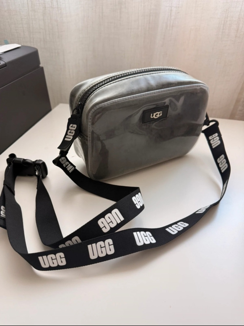 UGG Transparent Gray Belt Bag with Branded Black Strap